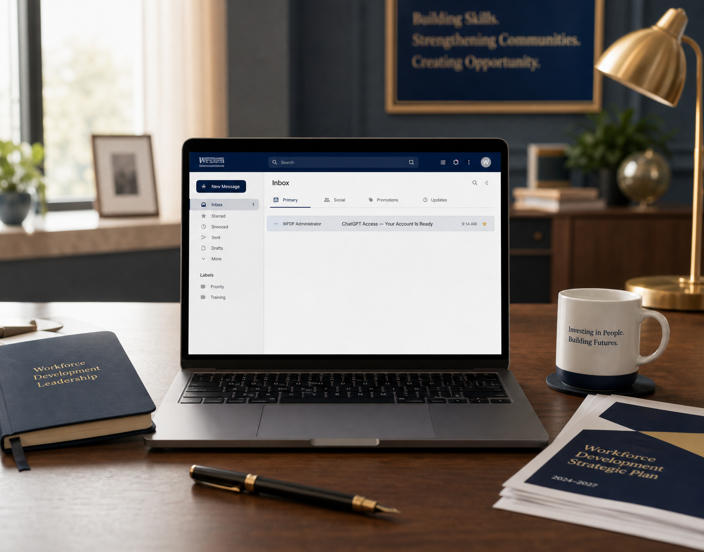 An executive workspace with a laptop showing a ChatGPT access email, illustrating that giving employees an AI tool is not the same as preparing them to use it